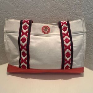 Tory Burch Canvas Tote Bag Neutral Blue Red Boho Strap Coastal Beach Vacation